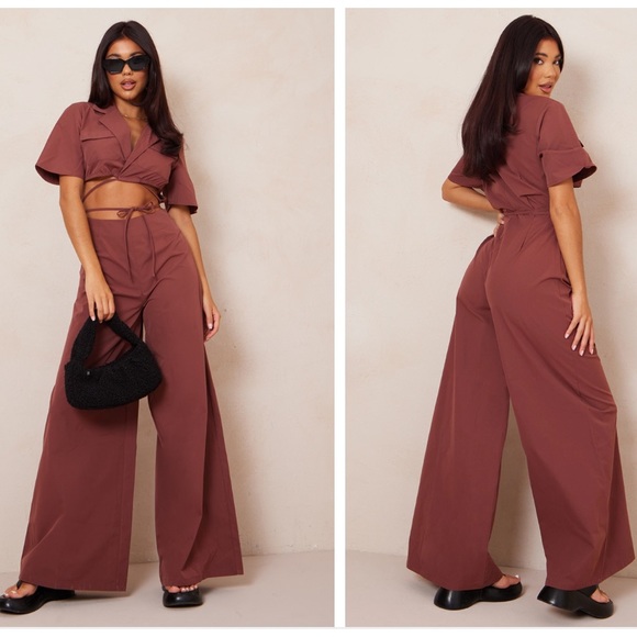 PrettyLittleThing Pants - Chocolate short sleeve tie waist jumpsuit